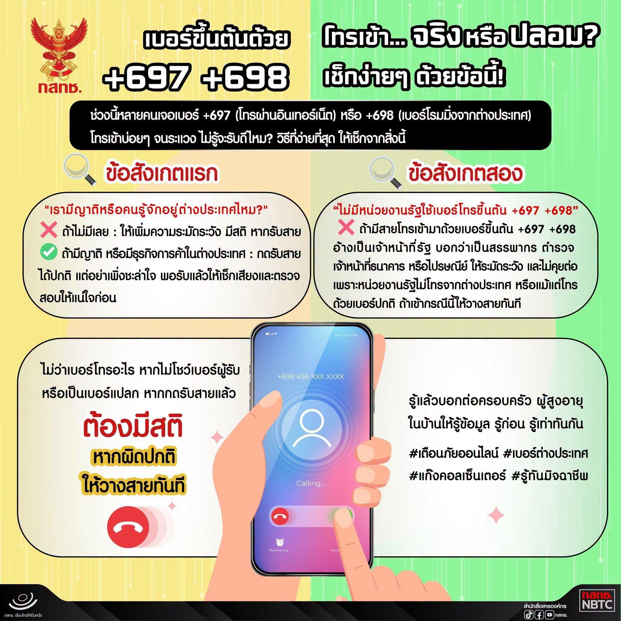 เบอร์ขึ้นต้นด้วย +697 +698 โทรเข้า ... จริงหรือปลอม